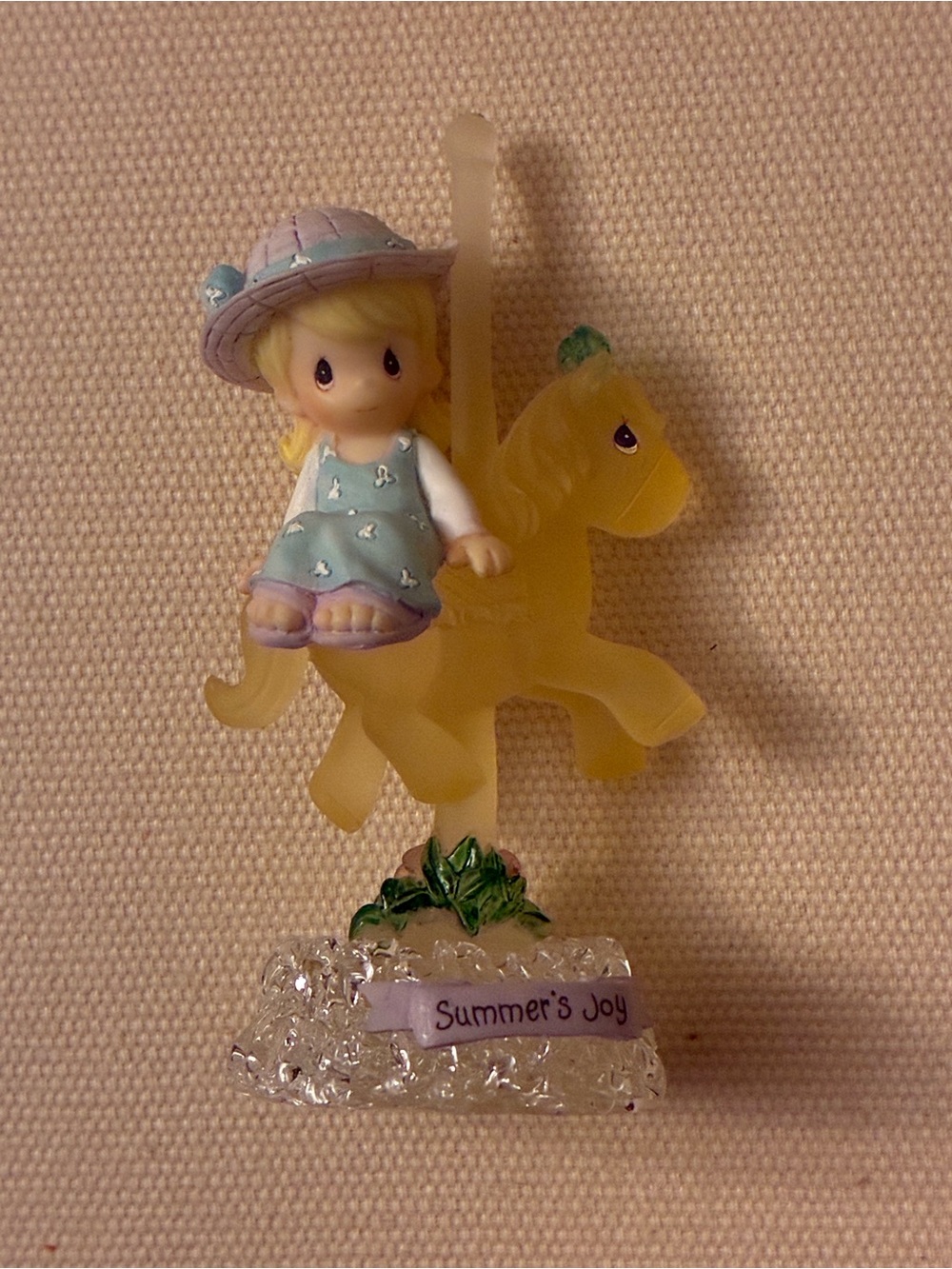 Precious Moments Pastel Blue Dress Girl on Yellow Carousel Horse